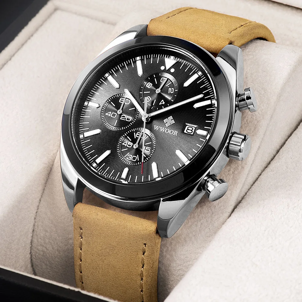 

2022 WWOOR Watch Men Casual Leather Quartz Wristwatches For Men Fashion Waterproof Date Clock Male Sport Chronograph Wrist Watch