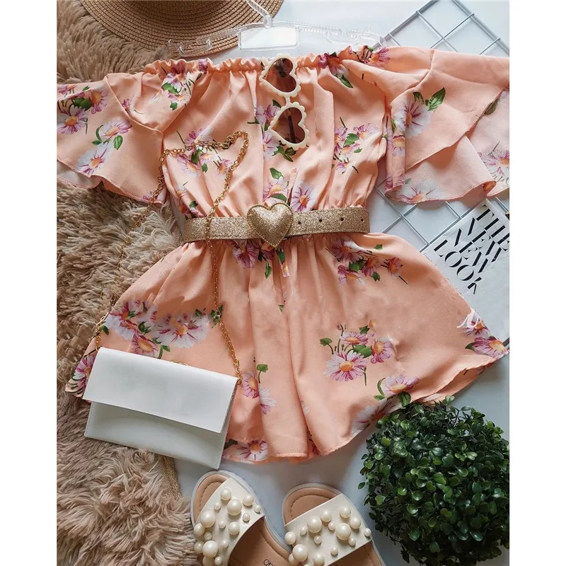 

2-7Y Fashion Kids Girls Summer Off Shoulder Jumpsuits Ruffles Short Sleeve Cute Floral Print Belt Romper Playsuits Sweet Outfits