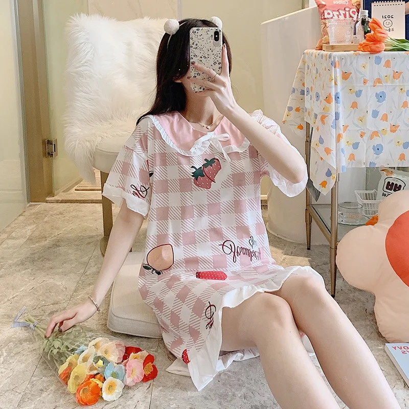 

Nightdress women's summer pajamas, short-sleeved cute cotton net red hot models, large size loose dresses, home clothes