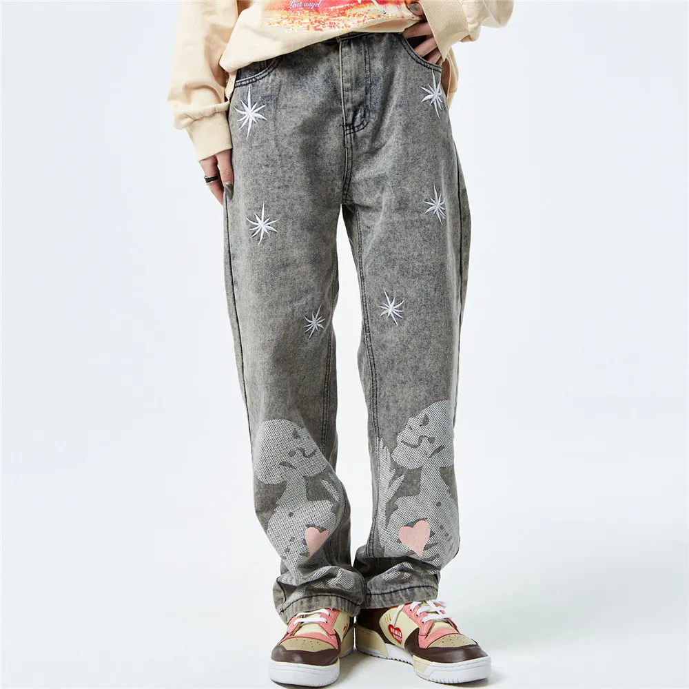 

Men's Jeans Loose Hip Hop Oversized Fashion Skeleton Printed Pants Streetwear Causal Harajuku Grey Trousers