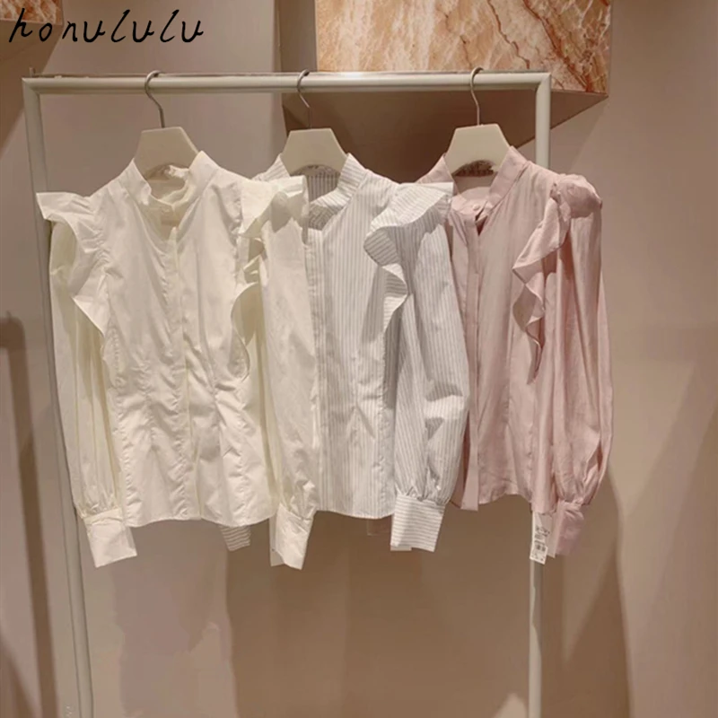 

2022 early spring new Japanese cotton stand collar ruffled lantern sleeve shirt women