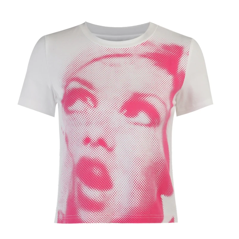 

InsGoth Y2K Portrait Print Pink T Shirt Harajuku O Neck Short Sleeve T-shirts Punk Goth Summer Basic T-shirts Women Streetwear