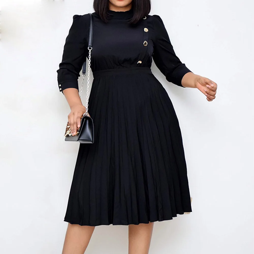 

Women Dress Autumn 2021 New Western Fashion High Waist Stand Collar Slim Patchwork Solid Color Office Lady Pleated Dresses