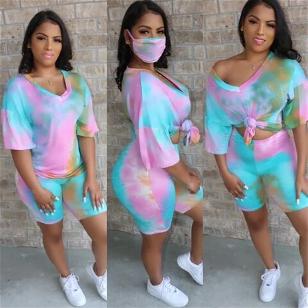 

Tie Dye Print Women's Sportswear Tracksuit 2 Piece Set Women Fitness T Shirt Top With Biker Shorts Bodycon Two Piece Set Outfit