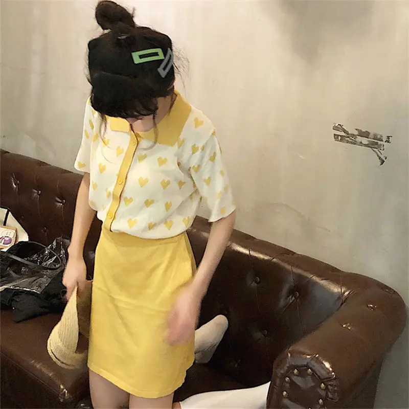 

Women Sets Summer Kawaii Harjuku Sweet Short Sleeve Tops Mini Skirts Two Pieces Korean Fashion Chic All-match Students Simple