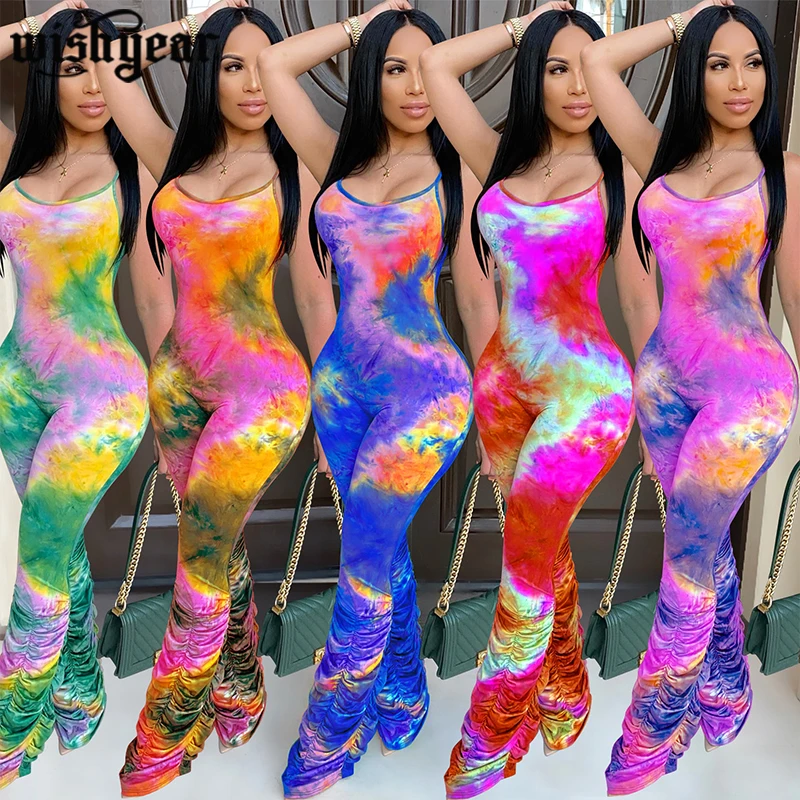 

Sexy Tie-Dye Rompers Womens Jumpsuit Spaghetti Strap Sleeveless One Piece Outfit 2020 Summer O-Neck Backless Skinny Bodysuits