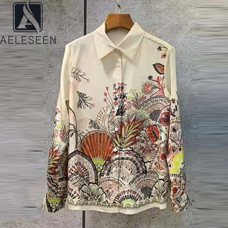 AELESEEN Runway Fashion 100% Silk Shirt 2022 spring Summer Office Ladies Flower Print White Black Elegant Party Blouse