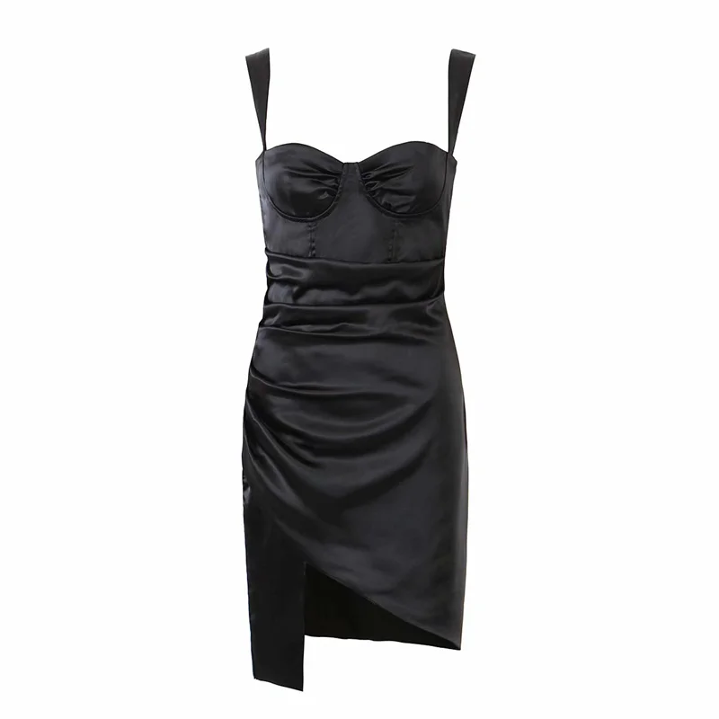 

2021 Summer Sexy Woman Y2K Slim Spaghetti Strap Short Dress Female Chic Side Slit Party Dresses Ladies Folds Dresses