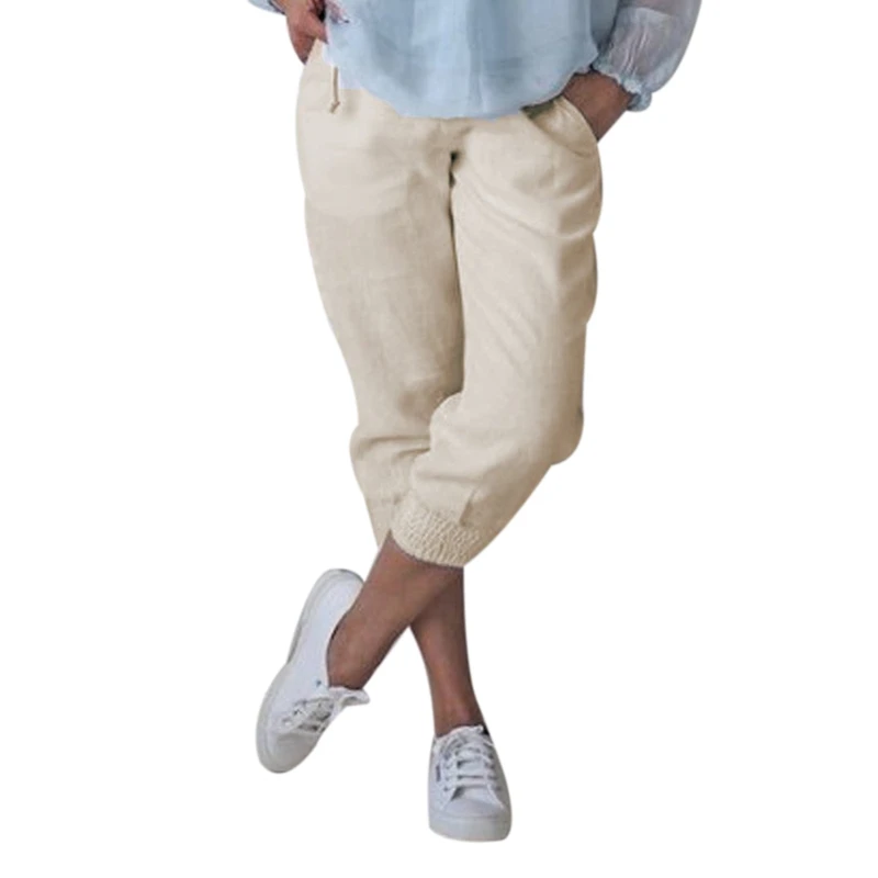 

2021 White Women Cotton Pants Short Pants Capris Casual Loose Elastic Waist Female Plus Size Summer Calf-length Women Pants
