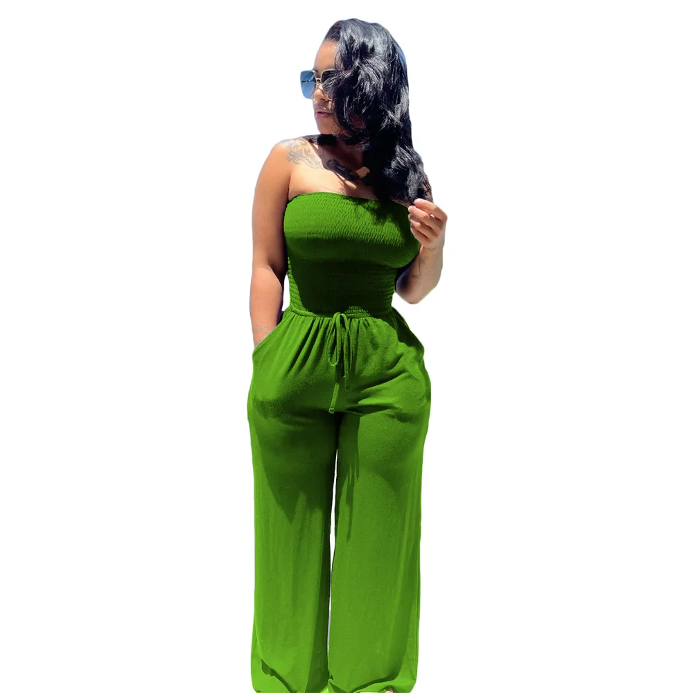 

2021 Fashion Women's Jumpsuit Casual Sexy Lace-up Solid Color Millinery Smocked Wide Leg Jumpsuit