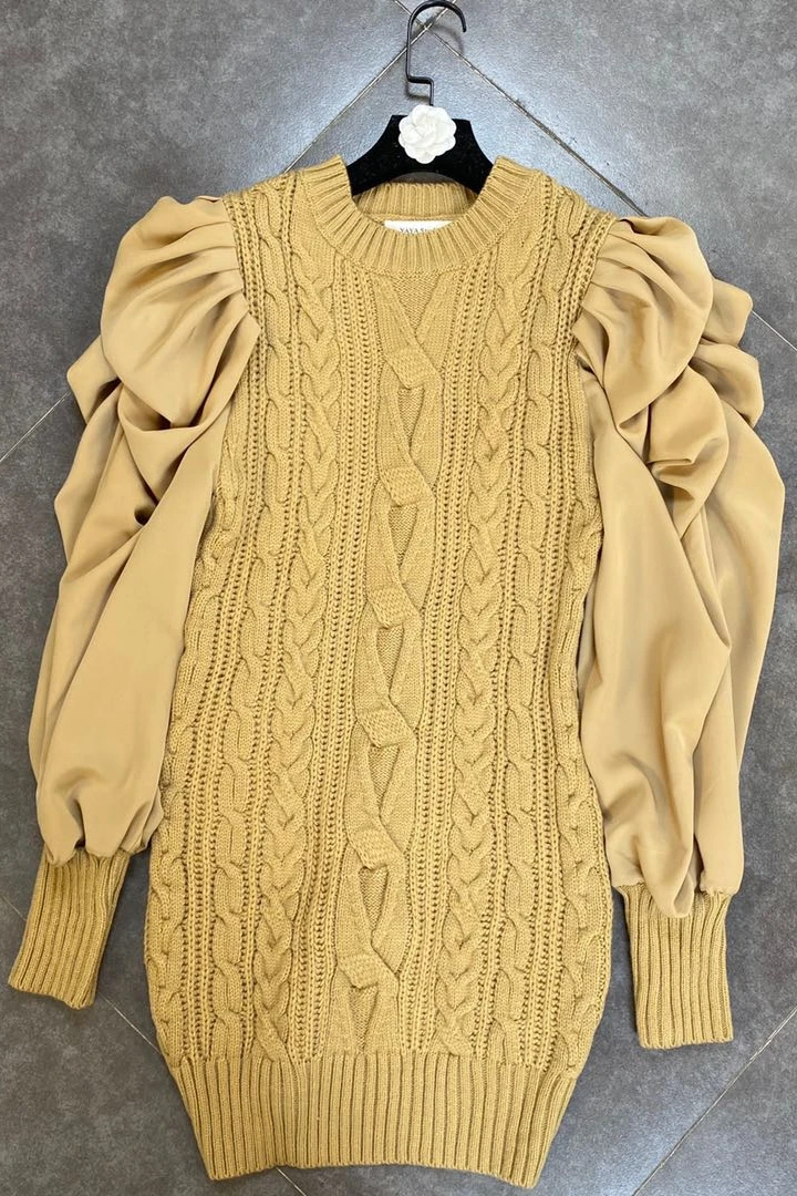 

ZCSMLL Round Collar Knitted Pullover Long Sleeve 2021 New Autumn Korean Fashion Puff Sleeve Stitching Lace Women Sweater