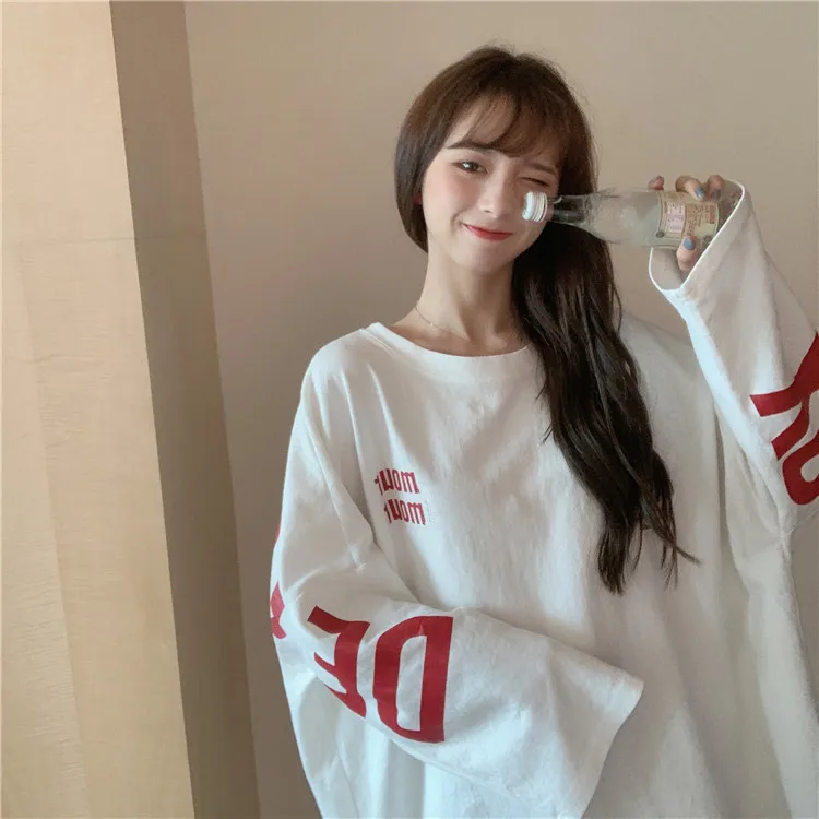Ulzzang Топы mujer осень vogue корейский стиль одежда уличная панк с буквенным принтом Большие размеры с длинным рукавом Повседневная футболка женская