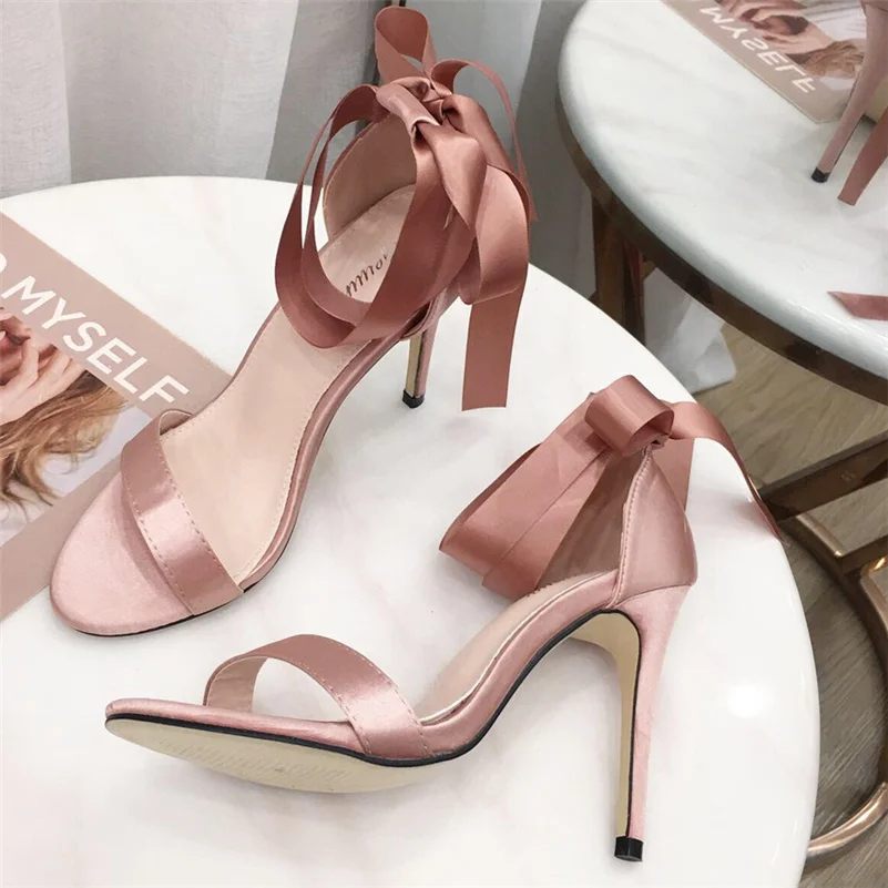 Sandalias de tacón alto de 11cm para mujer, zapatos de gladiador de seda de calidad, con plataforma y lazo rosa, para verano, 2022