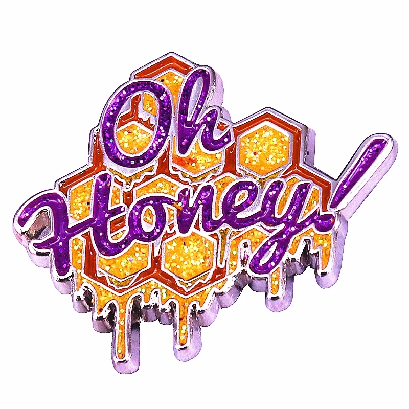 

Golden Purple Oh Honey Glitter Brooch Creative Fashion Jewelry Metal Alloy Badge Label Pins Backpack Hat Clothes Decor Corsage