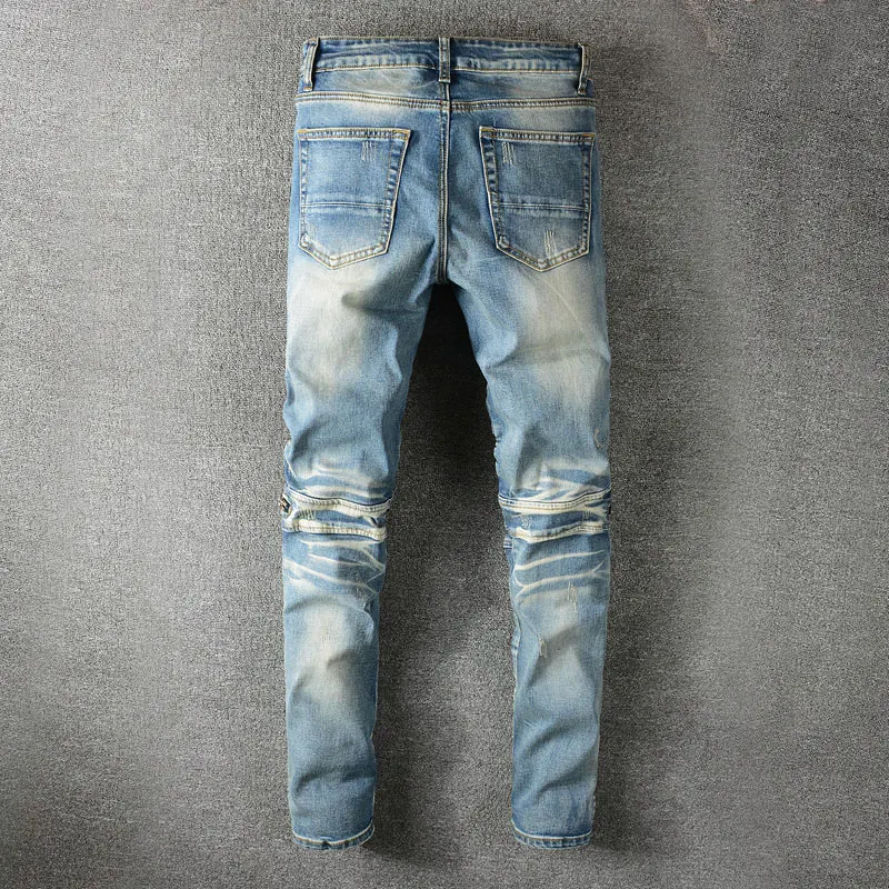 American Street Fashion Men Jeans Retro Blue Elastic Slim Fit Ripped Jeans Men Spliced Designer Hip Hop Denim Punk Biker Pants