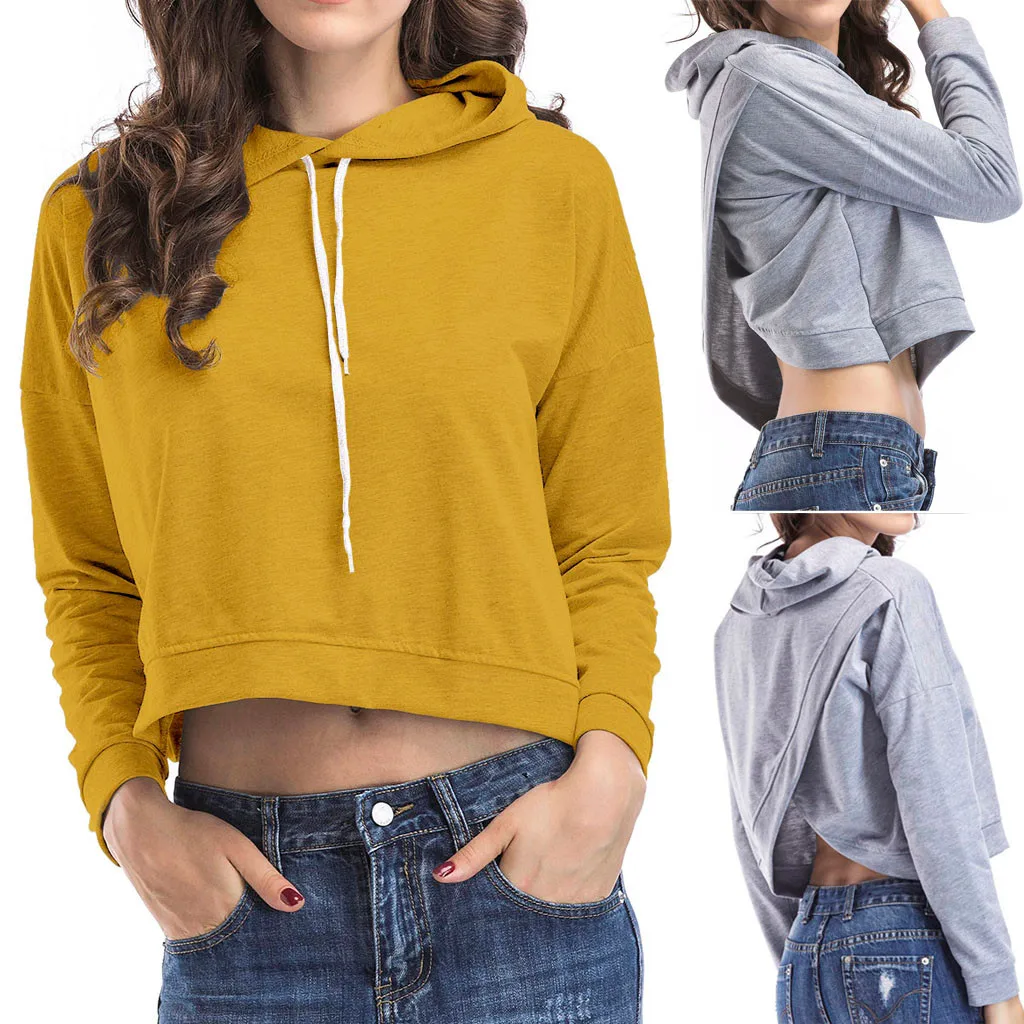 Модный женский однотонный длинный рукав с капюшоном сзади открытой вилкой