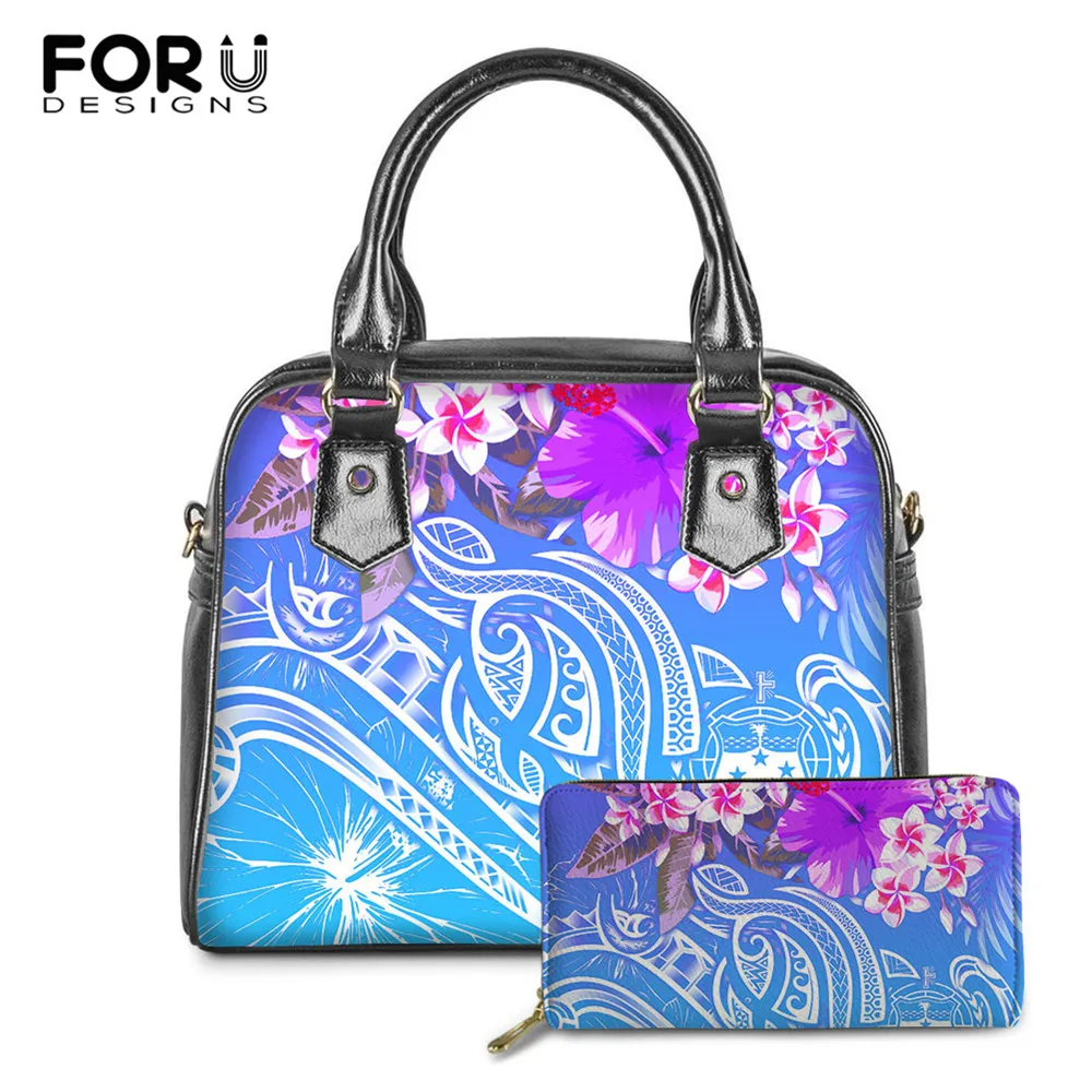 

Женские сумки FORUDESIGNS с принтом Гавайская Плюмерия, полинезийская черепаха, сумка через плечо с кошельком, 2 комплекта, женские повседневные ...