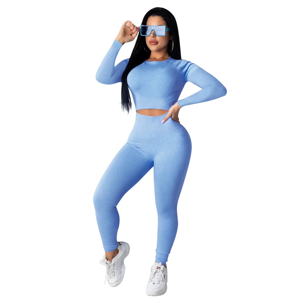 

Solid Color Slim Long Sleeve Graphic Neck Sexy Crop Tops and Sweatpants Two Piece Sweatsuit for Women 2021 Spring Casual Suit