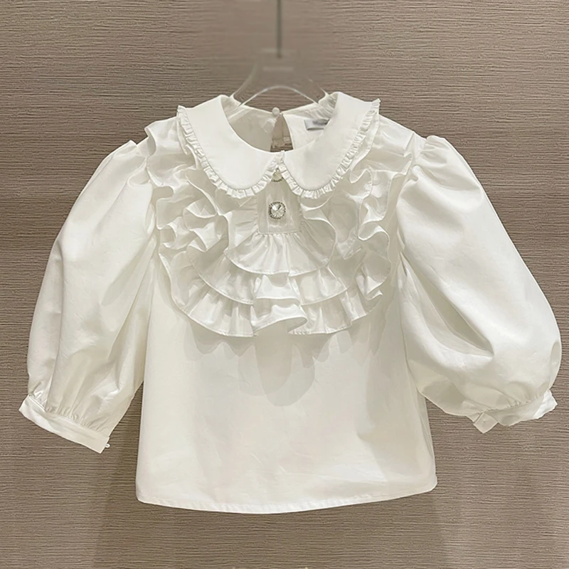 

VGH Elegant Patchwork Diamonds Ruched Shirt For Women Peter Pan Collar Puff Short Sleeve Loose Blouses Females Summer 2021 Style