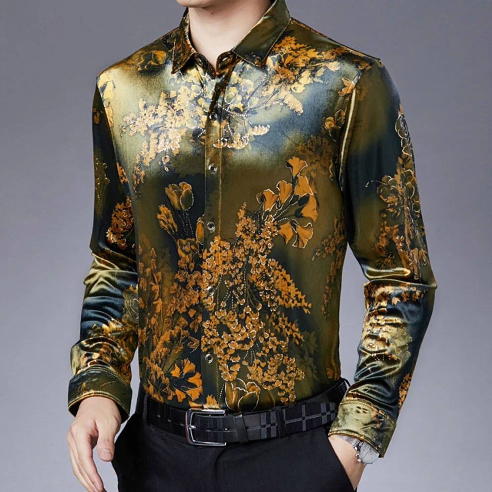Men Print Camisas Hombre Royal Slim Baroque Men Clothing Club Party Dress Shirt Velvet
