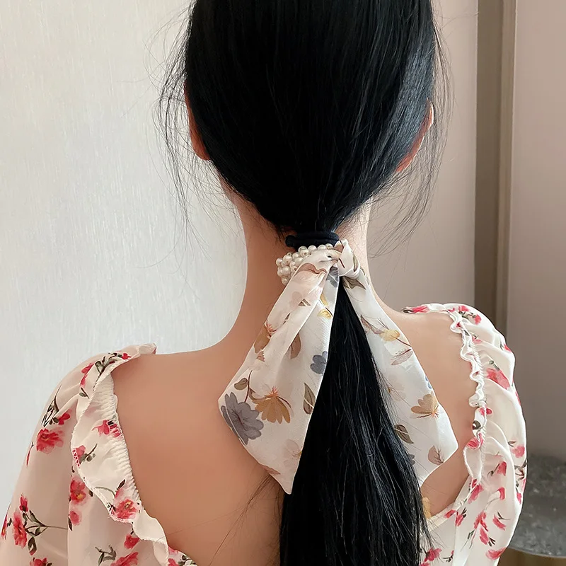 

Pearl Floral Print Scrunchies For Women Elastic Hair Bands Streamers Bow Hair Scarf Hair Rope Ties Fashion Hair Accessories