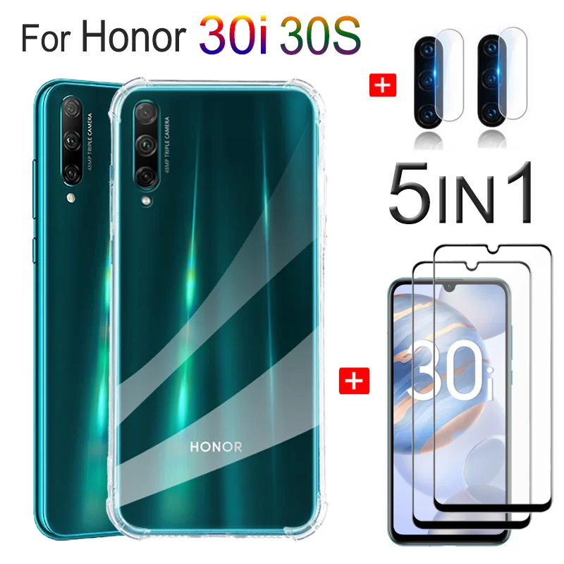 

Full Fitted Case for Huawei Honor 30i Silicone Transparent Cover Honor 30i Case Screen Protector Camera Film 30S 30 i Glass Case