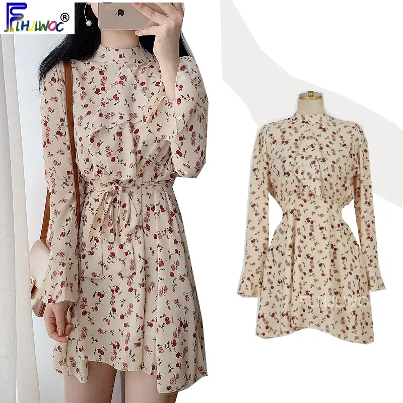 Женское шифоновое платье с цветочным принтом милое мини трапециевидной формы