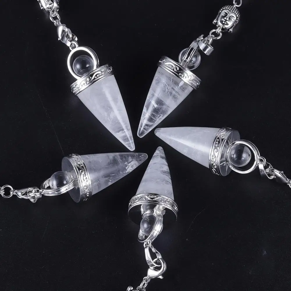 

TUMBEELLUWA Natural Gem Stone Cone Shape Pendulum Buddha Head Yoga 3D Chakra Chain for Dowsing Healing Reiki Crystal Pendulum