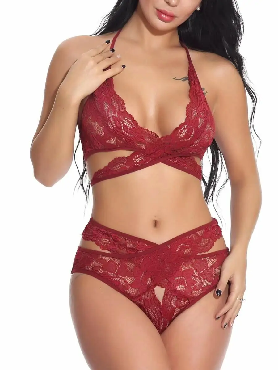 

Cut-out Floral Lace Lingerie Set Sexy lace BRA suit, cross and thin halter neck straps