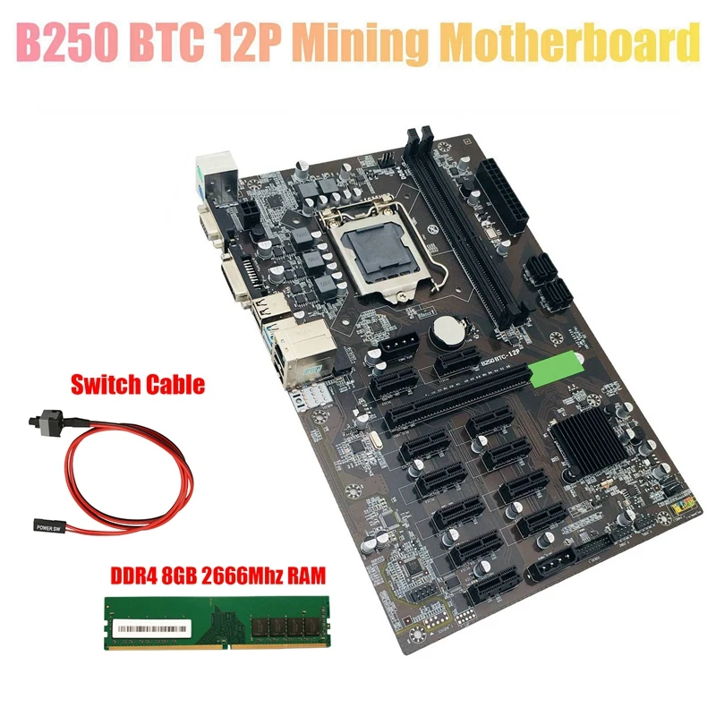 

Материнская плата для майнинга B250 BTC с DDR4 8 Гб 2666 МГц ОЗУ + кабель переключения LGA 1151 DDR4 12 Слот для графической карты для майнинга BTC