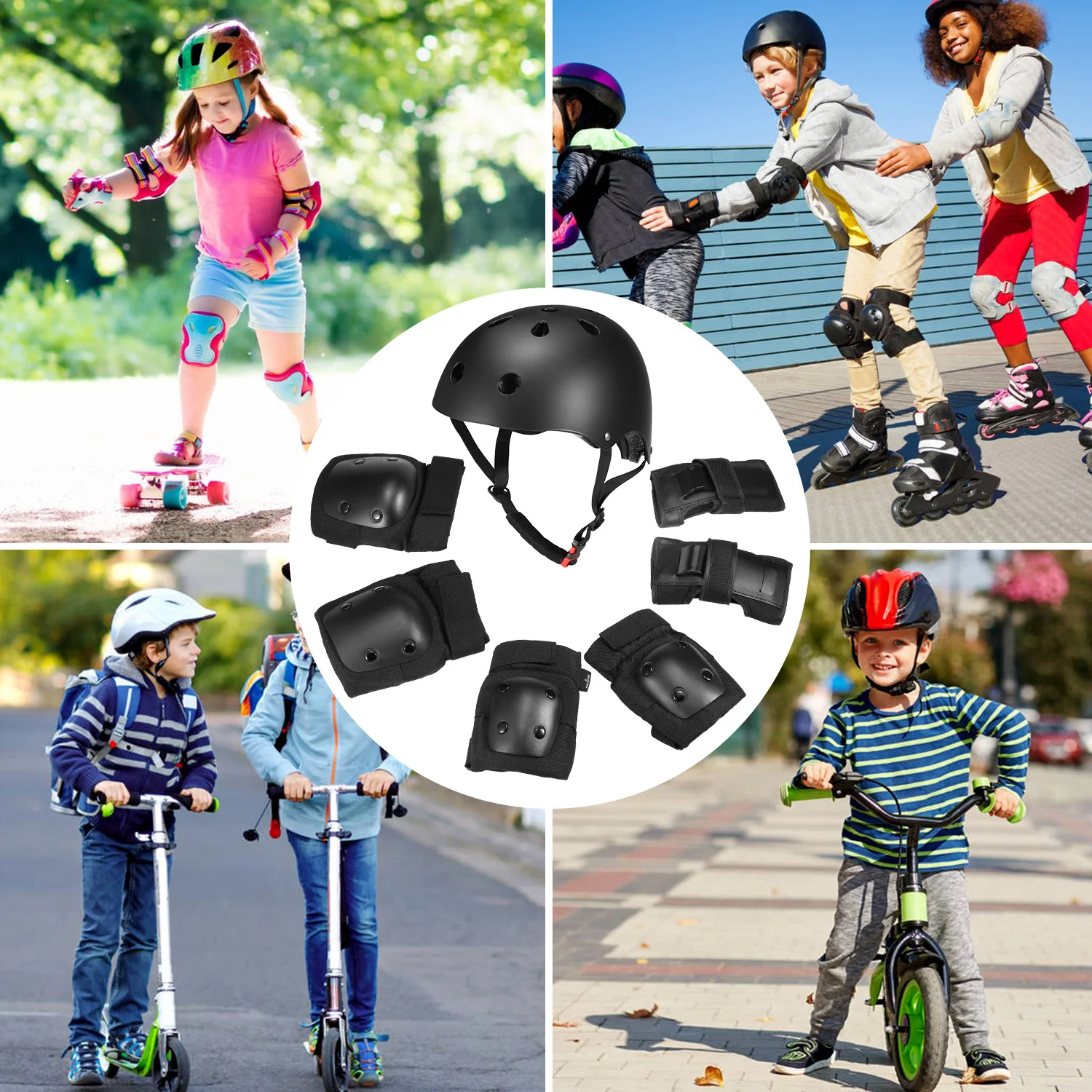 

7 in 1 Kids/Adults Bike Helmet and Pads Set Helmet Knee Pads Elbow Pads Wrist Pads Sport Protective Gear Set