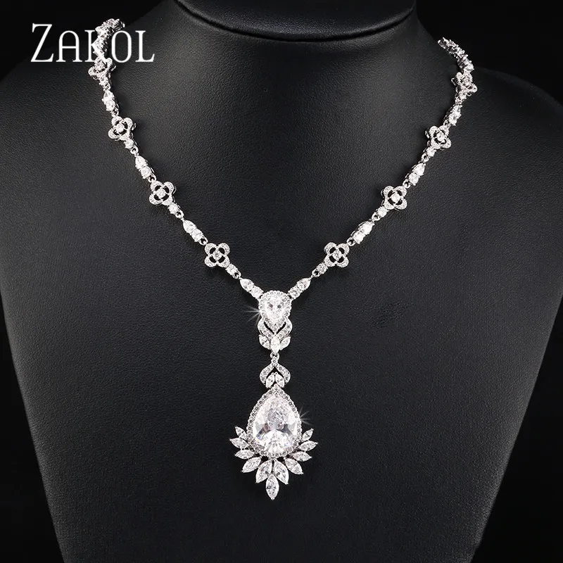 White Necklaces ZAKOL высокое качество большая капля синий кубический цирконий лист серьги ожерелье набор украшений для женщин свадебное вечернее платье FSSP2014 - Окраска металла: White Necklaces