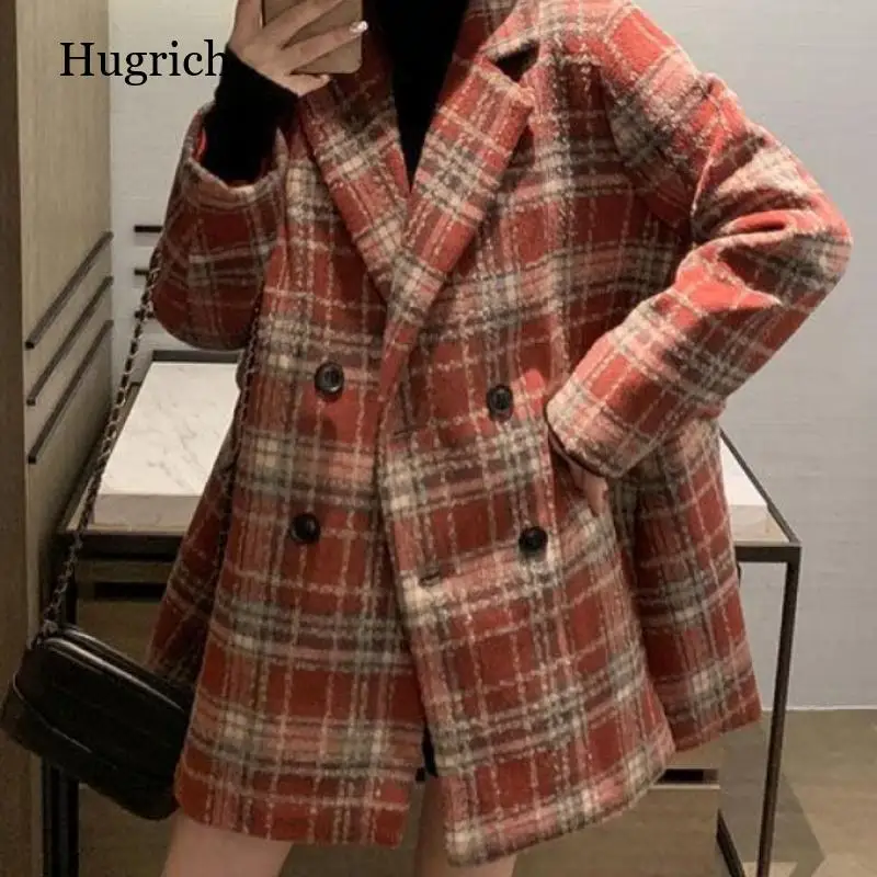 

Autumn and winter women's suit jacket Korean fashion plaid woolen coat suit collar thick woolen coat