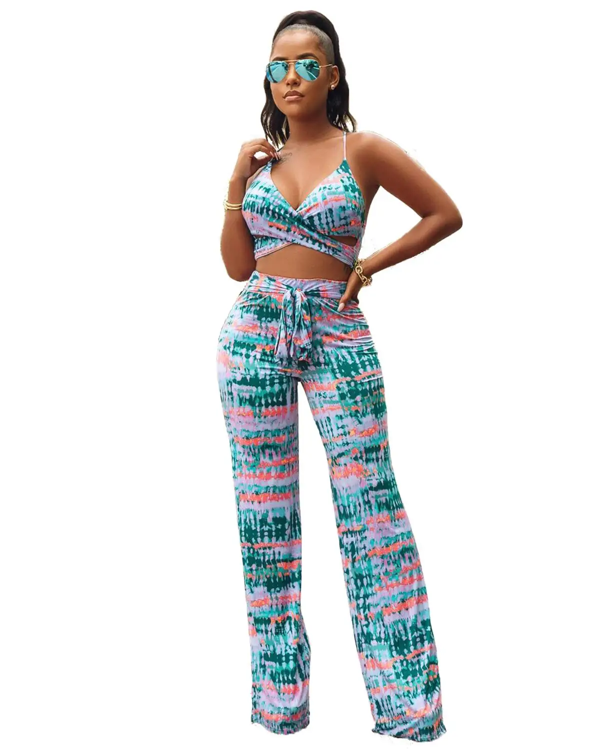

Summer Sexy Women Suit Casual Fashion Ladies Outfits Tie Dye Print Female Spaghetti Strap Bra Top And Straight Pants Tracksuit