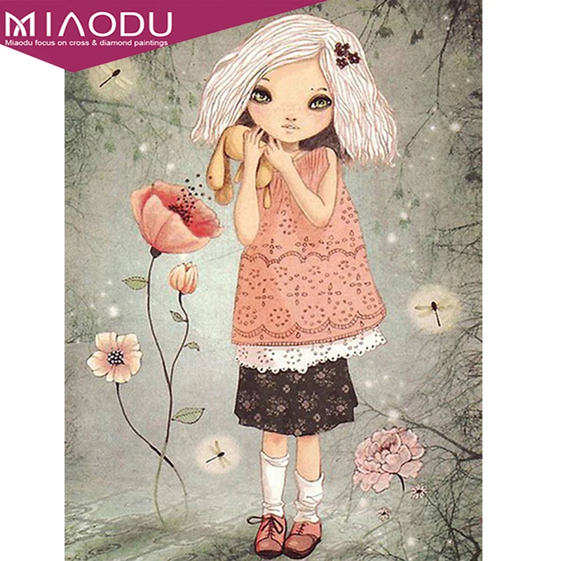 

5d Diamond Painting Cartoon Lovely Girl And Flower Portrait Flower Cross Stitch Resin Diy Mosaic Home Wall Decor Gift