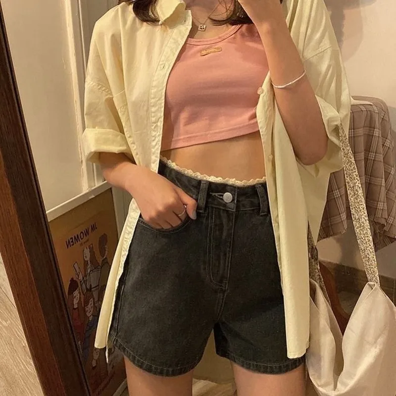 

Summer Teens Denim Shorts Wide-leg Popular Shorts Women Vintage Lace Patchwork Design Lovely Ulzzang Basic Female Streetwear Hot