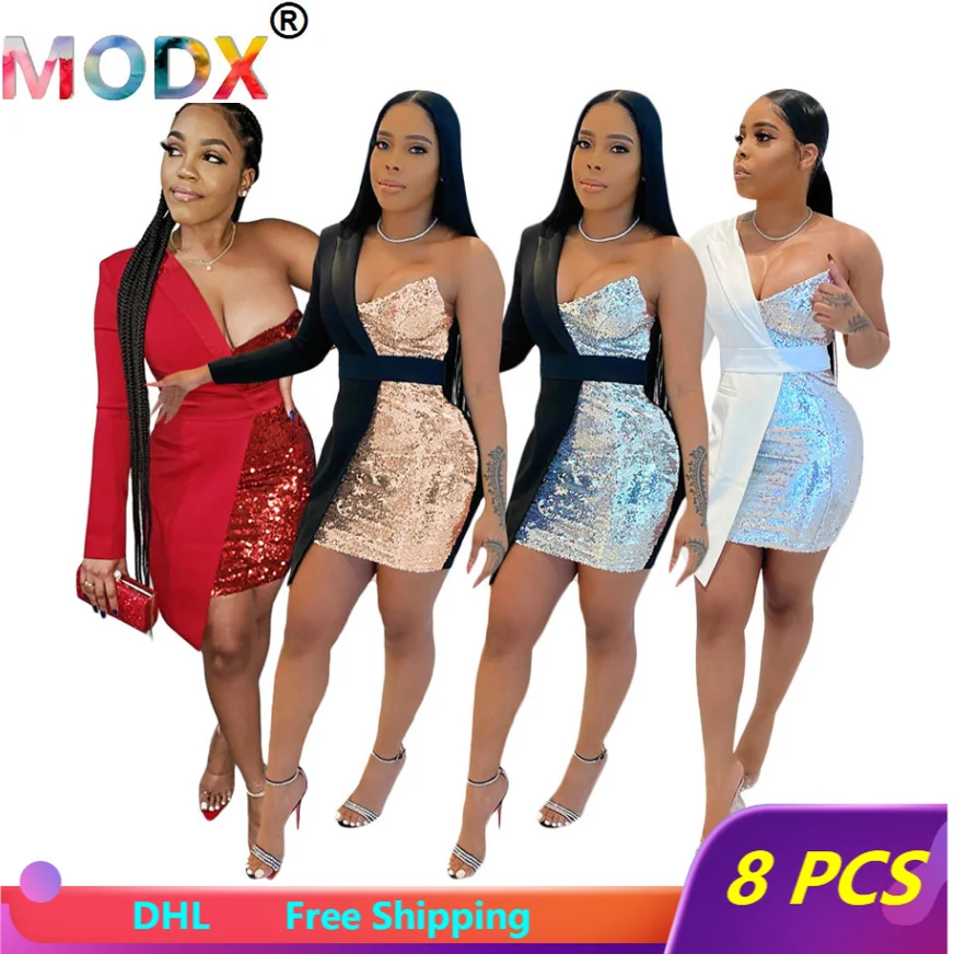 

Sexy Sequins Dress Women Night Clubwear One Shoulder Mini Skirt Long Sleeve Bodycon Dress Wholesale Fall Clothes Wholesale 6256