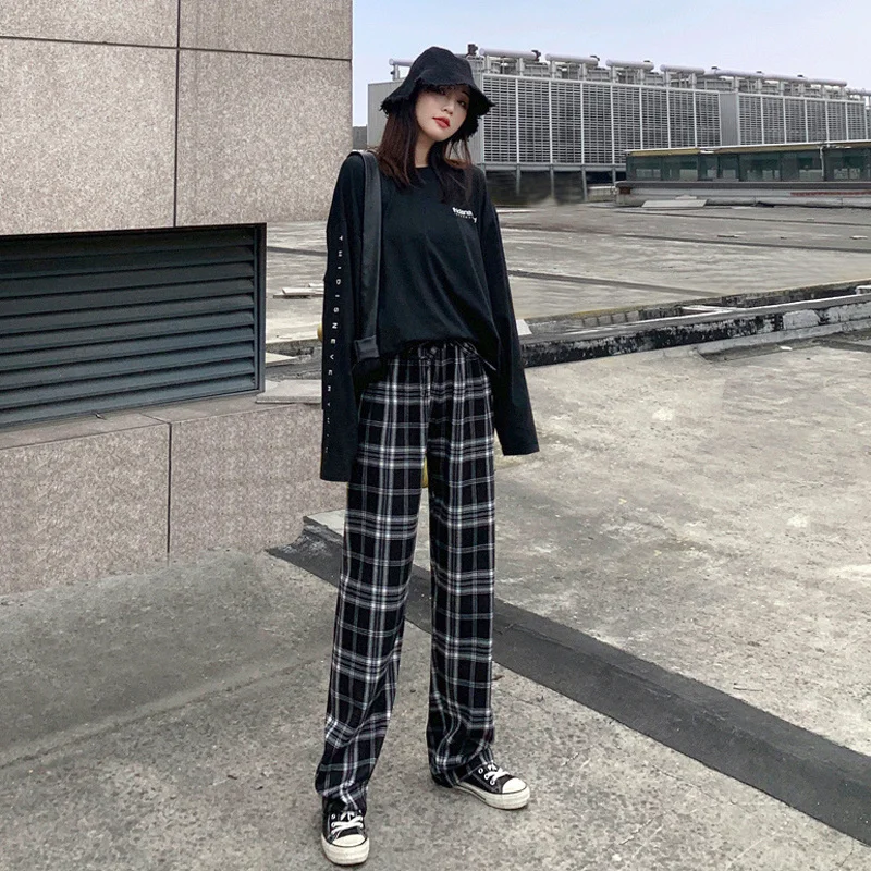

2021 Spring Summer Casual High Waist Straight Pants Plaid Pants Wide Leg Pants Harajuku Gothic Clothes Trousers Women Streetwear