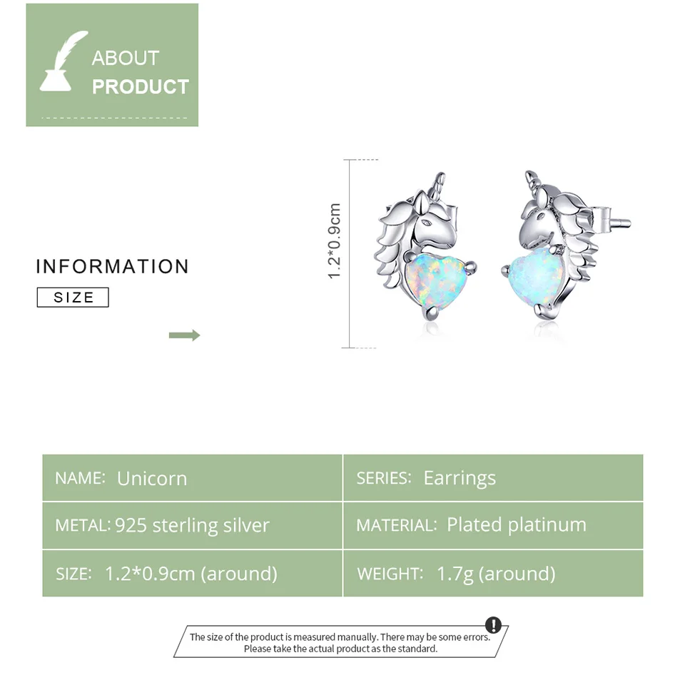 Серьги-гвоздики Wostu юникорна из серебра 925 пробы с блестящим белым опалом в форме сердца для женщин (модель FIE896).