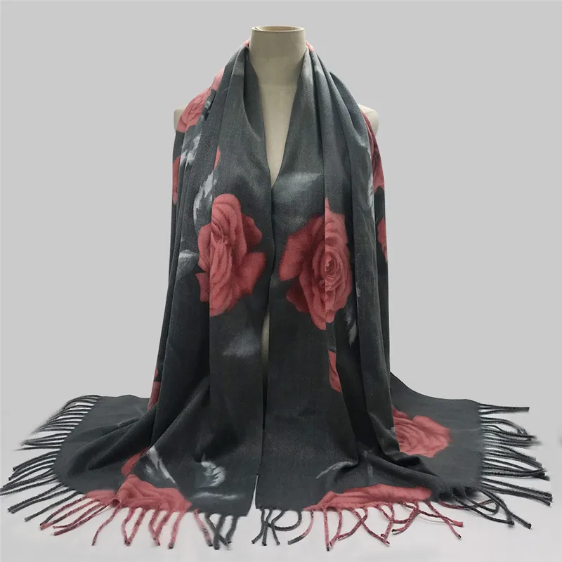 

1PC Winter pashmina tassel flower print hijab scarf cashmere polyester long scarf soft design fashion scarves shawls foulard