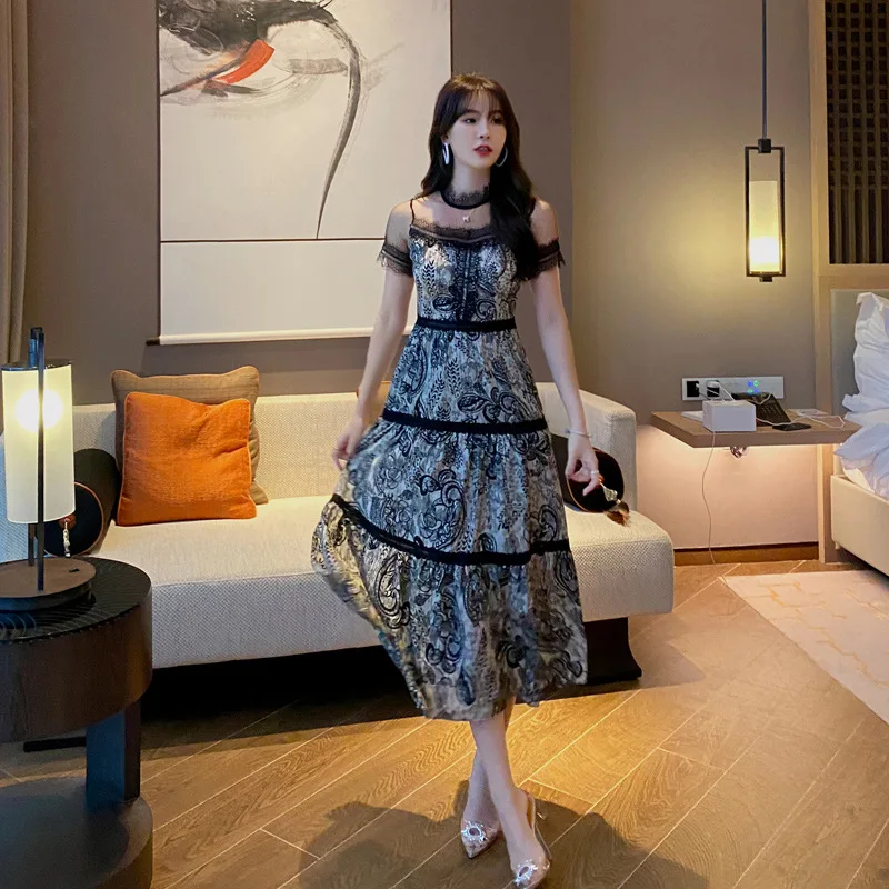 

Лето 2020, Новое шифоновое кружевное платье с высокой талией, тонкое, темпераментное, большие качели, офисное женское кружевное платье