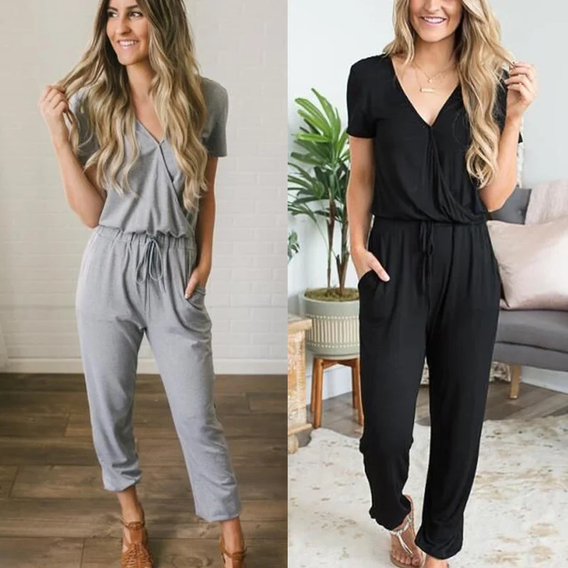 

Hot Elegant Jumpsuit Women Fashion Streetwear Loose Drawstring Solid Polyester Bodysuit Female V-neck Short Sleeve Long Pants