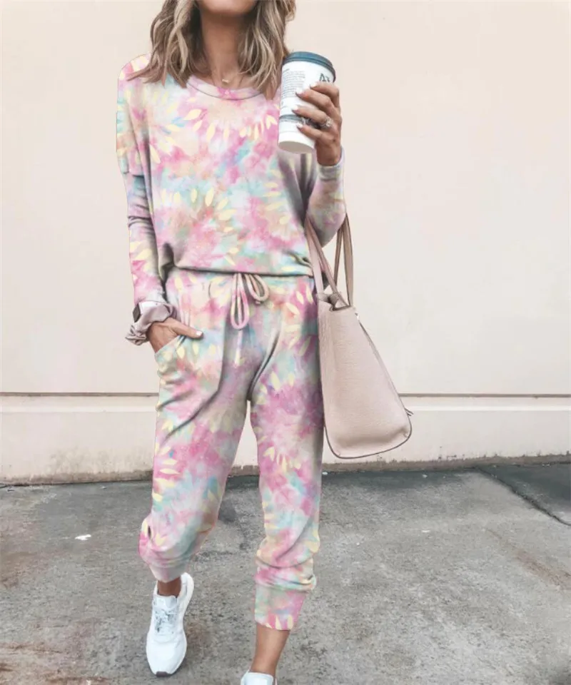 

Sets Women High Street Vintage Tie-Dyed Print Hoodie Sweatshirt and Jogging Trousers Long Pants Two Pieces Set Sexy Streetwear