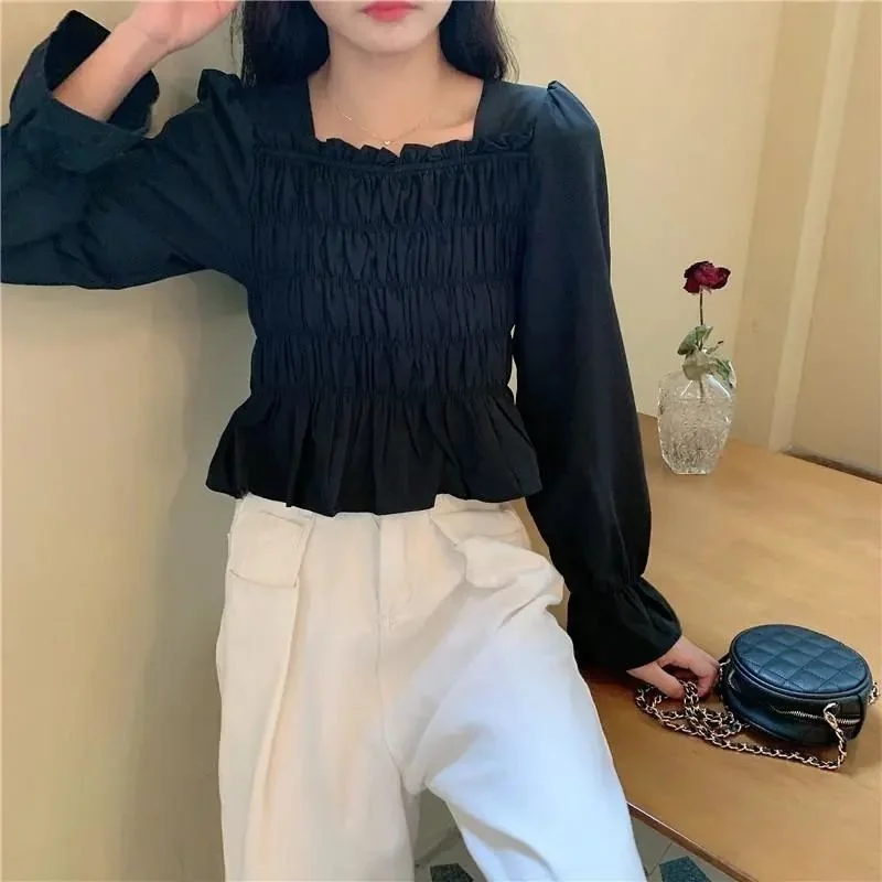 

Blouses Women Slim BM Simple Leisure Chic Popular Elegant Ruffles Solid Square Collar Aesthetic Flare Sleeve Lady Shirt Cropped