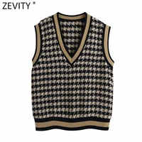 zevity women vintage v neck houndstooth plaid knitting vest sweater female sleeveless casual chic pullovers waistcoat tops sw695