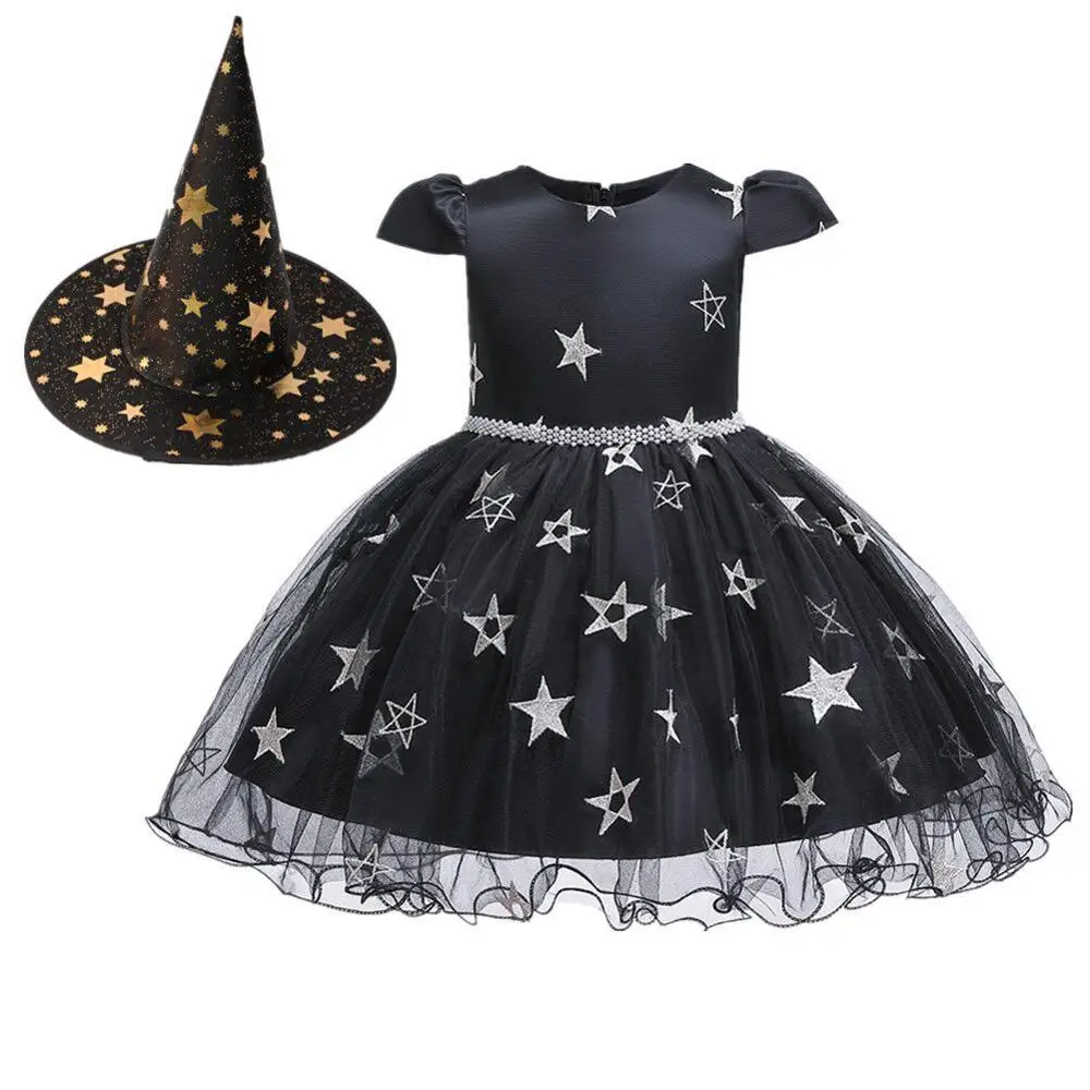

Witch Halloween Party Dress Lace Bow Ruffles Princess Dresses For Girl Evening Cosplay Short Ball Gown Costume Christmas Hat2020