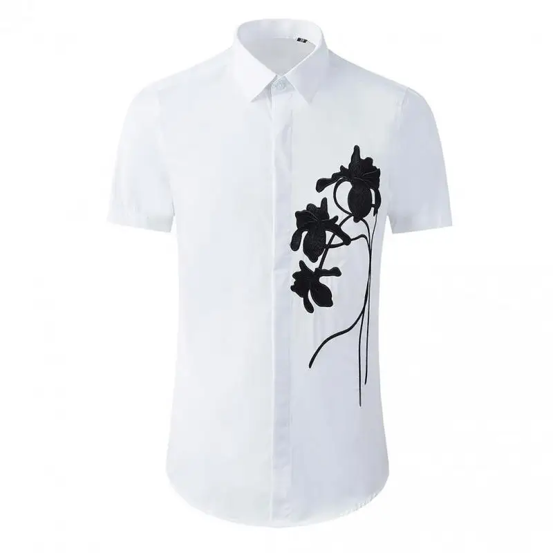 

Luxury White Mens Short Sleeve Rose Embroidery Casual Male Fashion Slim Fit Party Club Man Shirts 3xl