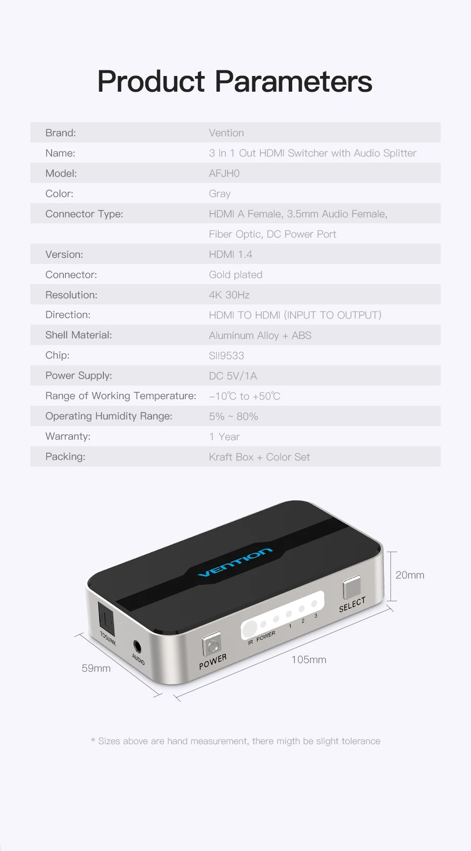 Vention HDMI сплиттер 3x1 4K 3 Порт HDMI коммутатор 3 в 1 Переключатель HDMI с Toslink аудио 3D 2160P для Xbox 360 PS4 Smart tv