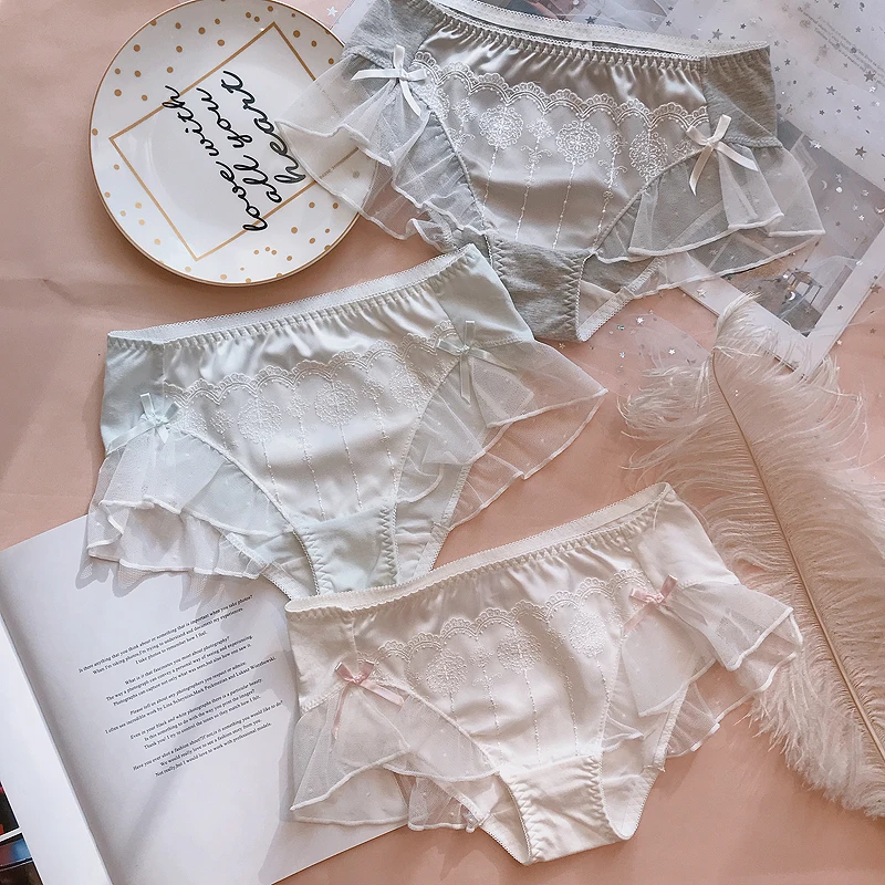N 3 шт., японские милые Лолиты для девочек, Kawaii Nets, пряжа с бантом, кружевные трусы принцессы с рюшами, Трусы средней длины, маленькое сказочное нижнее белье, трусы - Цвет: N