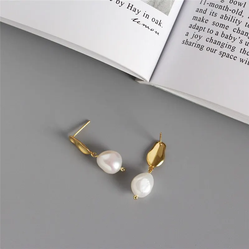 

A00744 Minimalist Irregular Geometric Pearl Drop Earrings for Women Genuine 100% 925 Sterling Silver Fine Jewelry